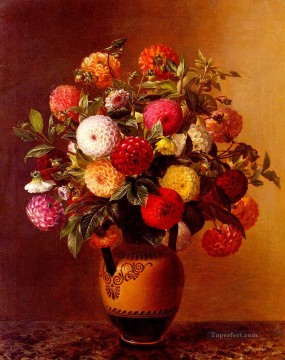  Laurentz Oil Painting - Still Life Of Dahlias In A Vase flower Johan Laurentz Jensen flower